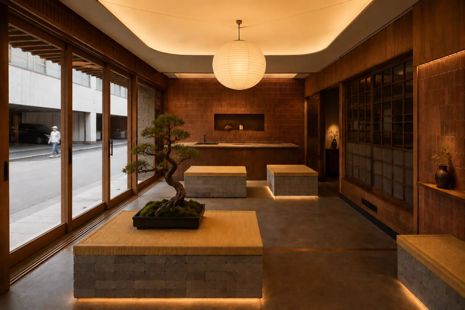 The front room, lit low, a pine on a stone plinth, the street beyond the glass.