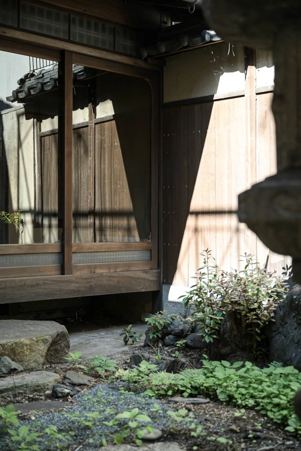 The garden edge beside the rear annex: stones, moss, low planting.