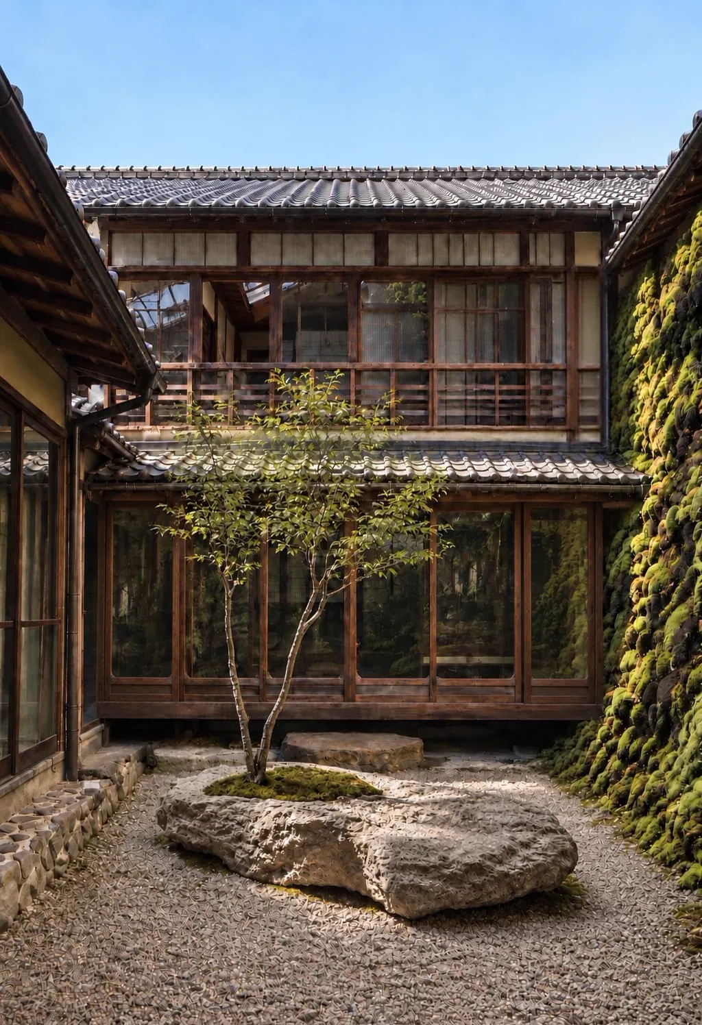 The courtyard garden: one tree, a flat stone, the two-storey house behind.