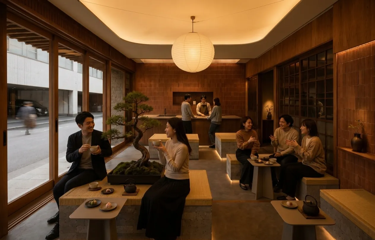 The front room with people sitting over tea at low tables.